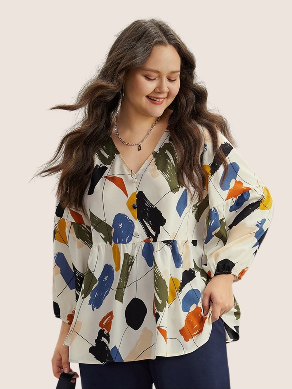 BloomChic Ivory Brush-Print Button Blouse size 1X (14-16)